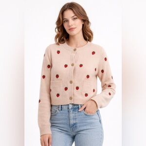 NVLT Strawberry Embroidered Cardigan Cropped Blush Knit Novelty NWT XXS